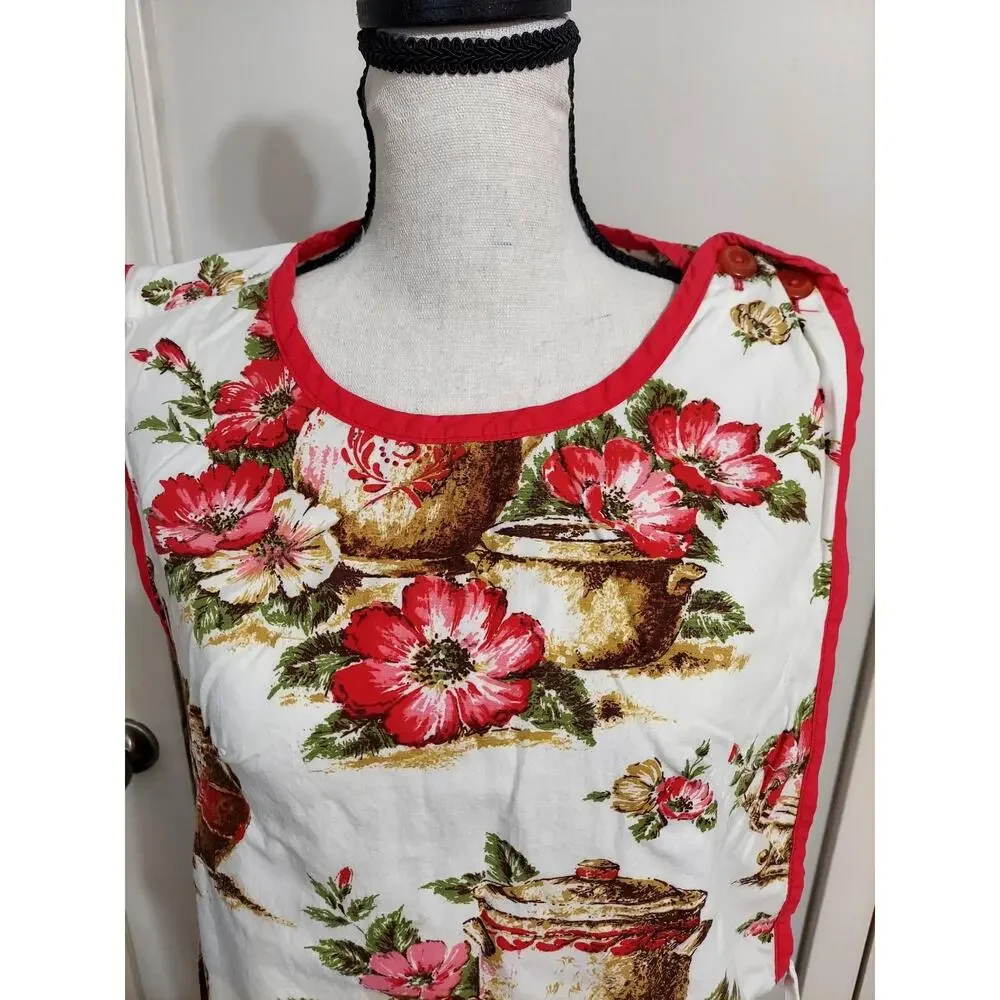 Vtg 1950s 1960s Carmen Lee Smock Apron Full Bib Cottagecore Pitcher Floral Red